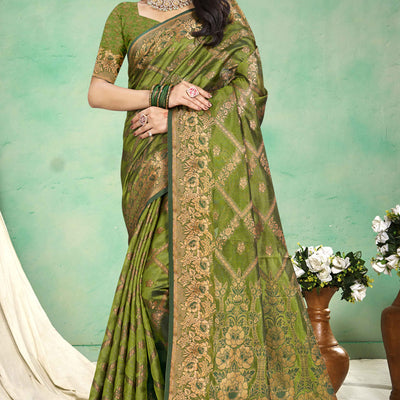 Mehendi Green Floral Woven Cotton Silk Saree