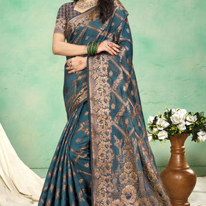 Bluyish Grey Floral Woven Cotton Silk Saree