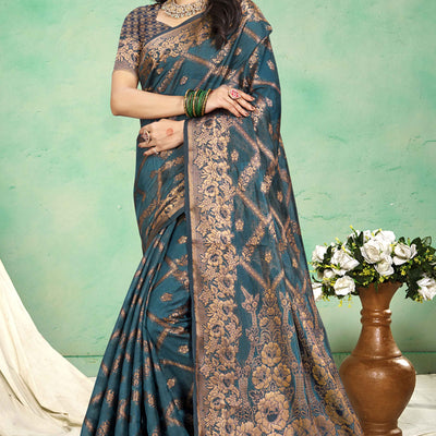 Bluyish Grey Floral Woven Cotton Silk Saree