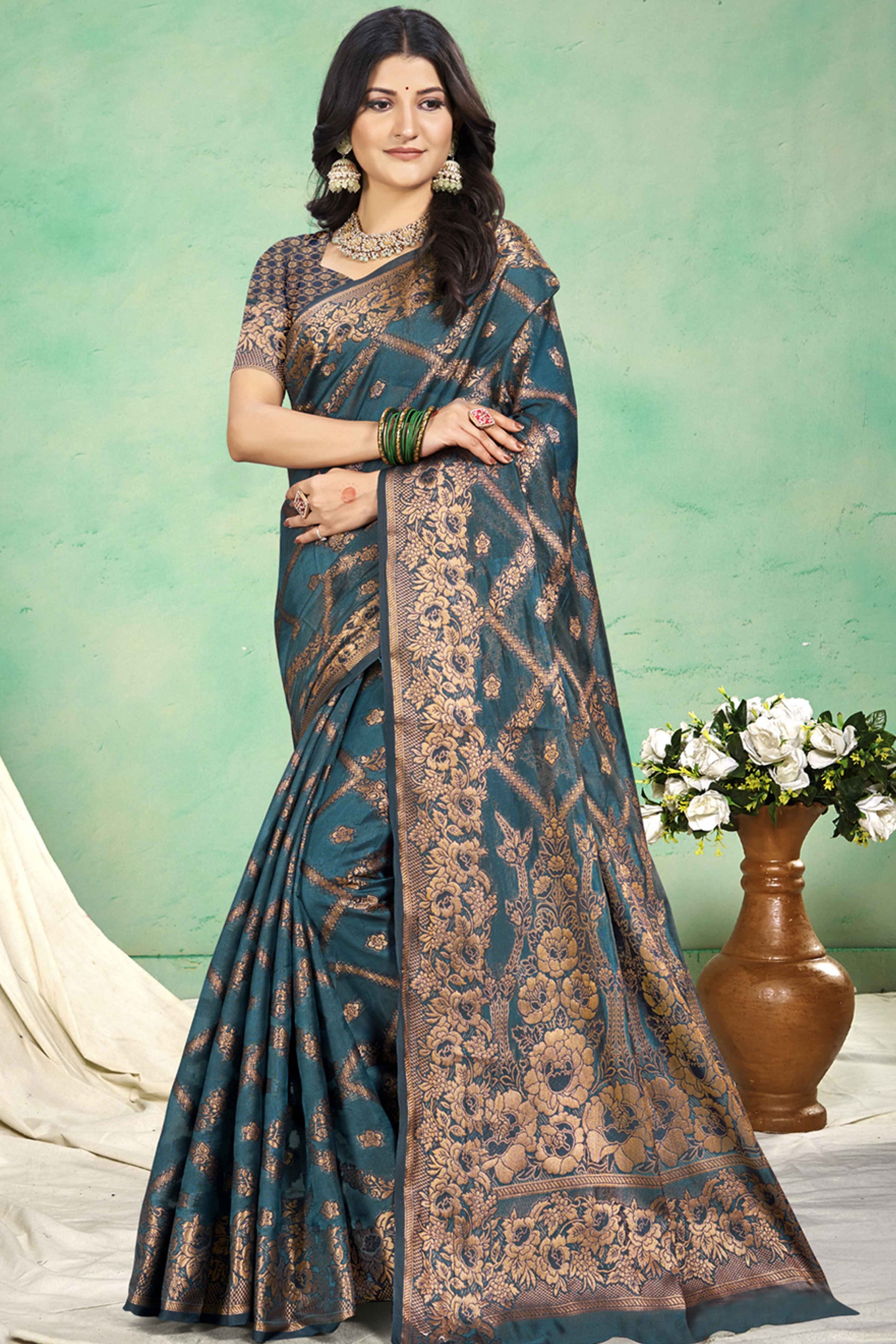Bluyish Grey Floral Woven Cotton Silk Saree