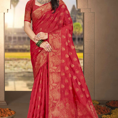Cherry Red Floral Woven Cotton Silk Saree