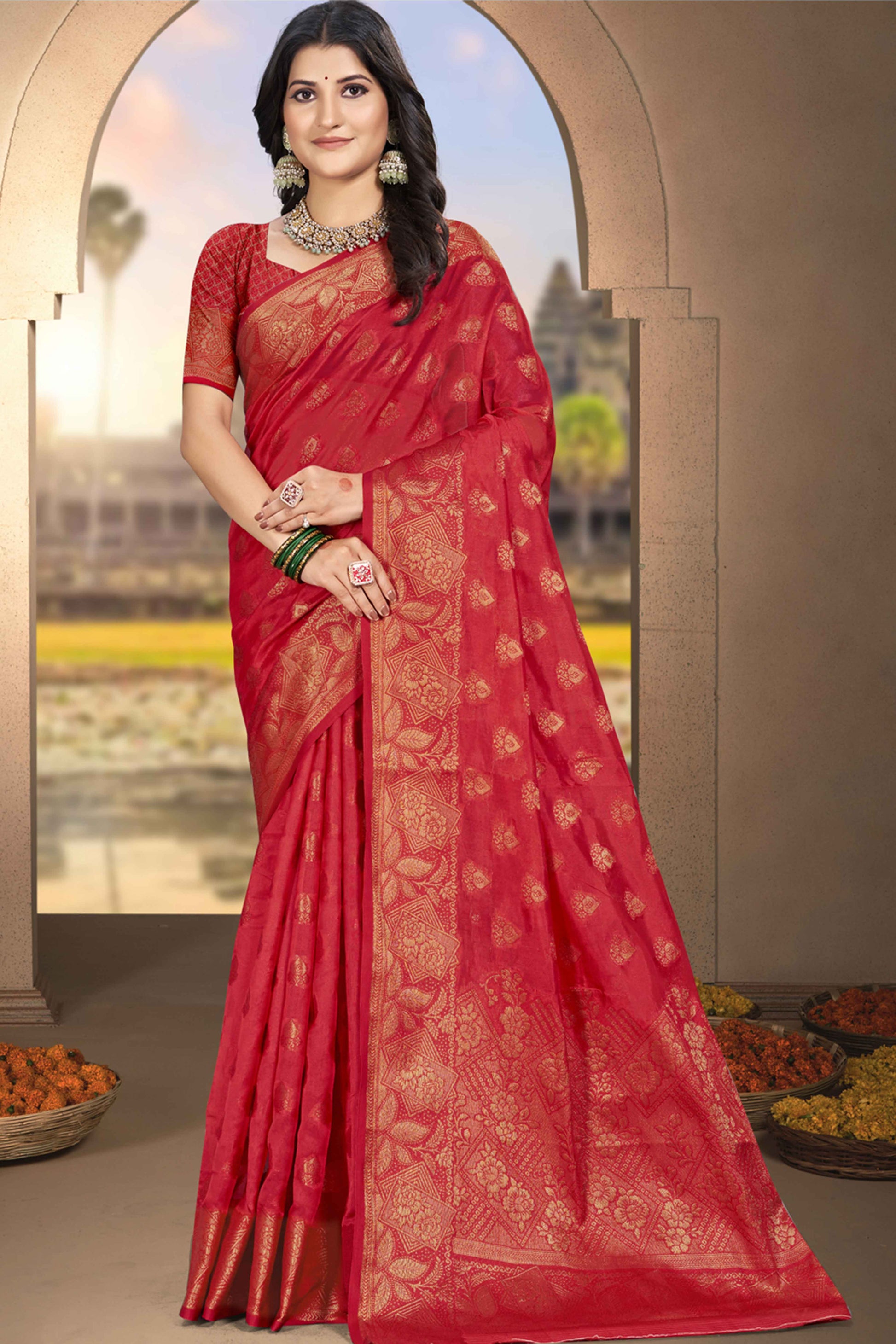 Cherry Red Floral Woven Cotton Silk Saree