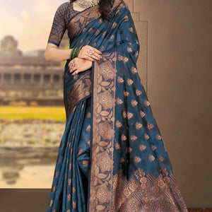 Bluyish Grey Floral Woven Cotton Silk Saree