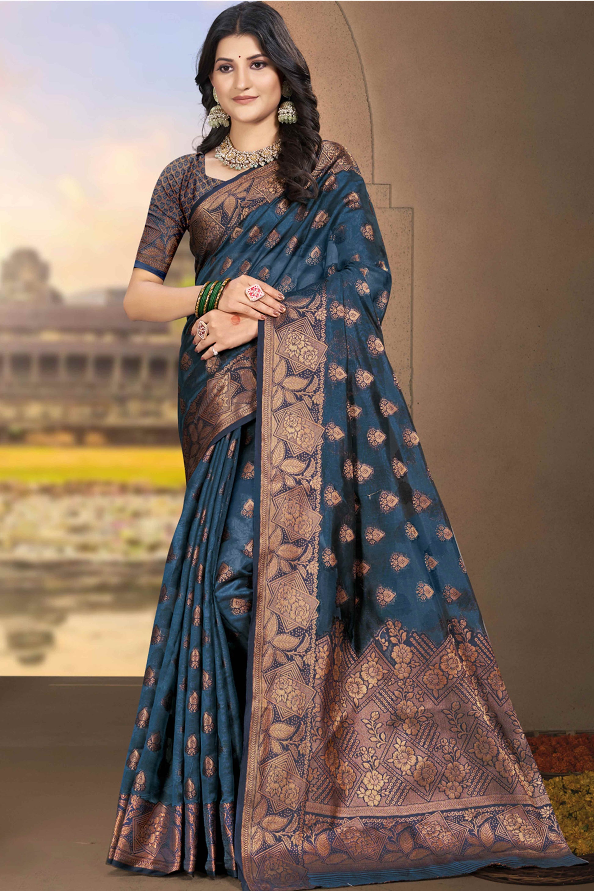 Bluyish Grey Floral Woven Cotton Silk Saree