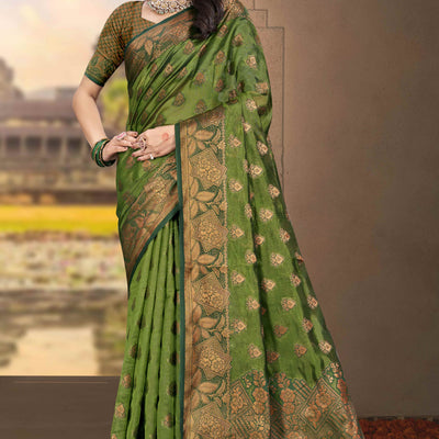 Mehendi Green Floral Woven Cotton Silk Saree