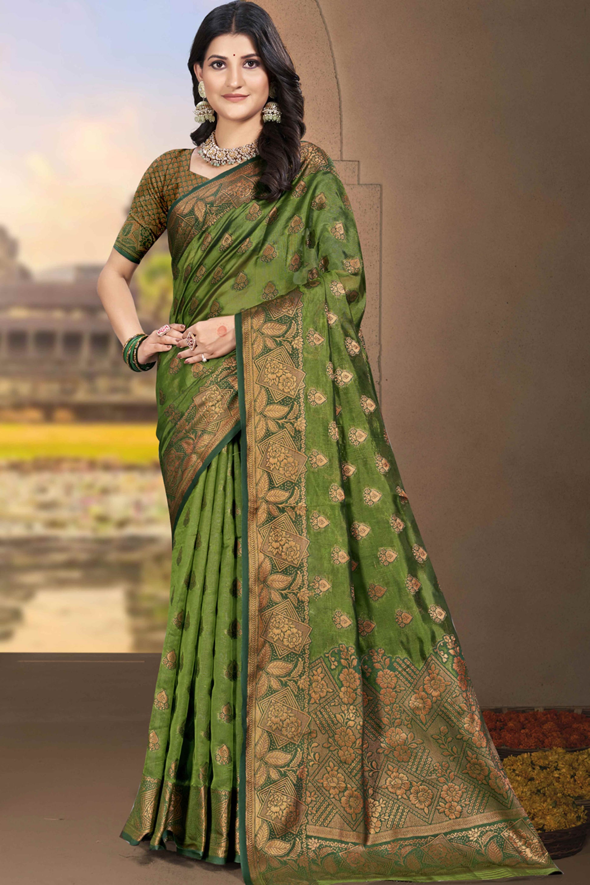 Mehendi Green Floral Woven Cotton Silk Saree