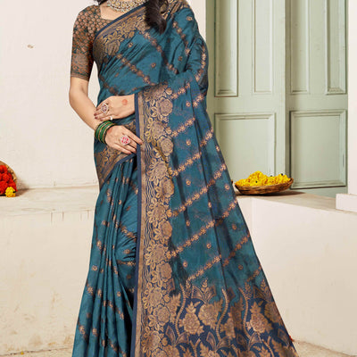 Bluyish Grey Floral Woven Cotton Silk Saree