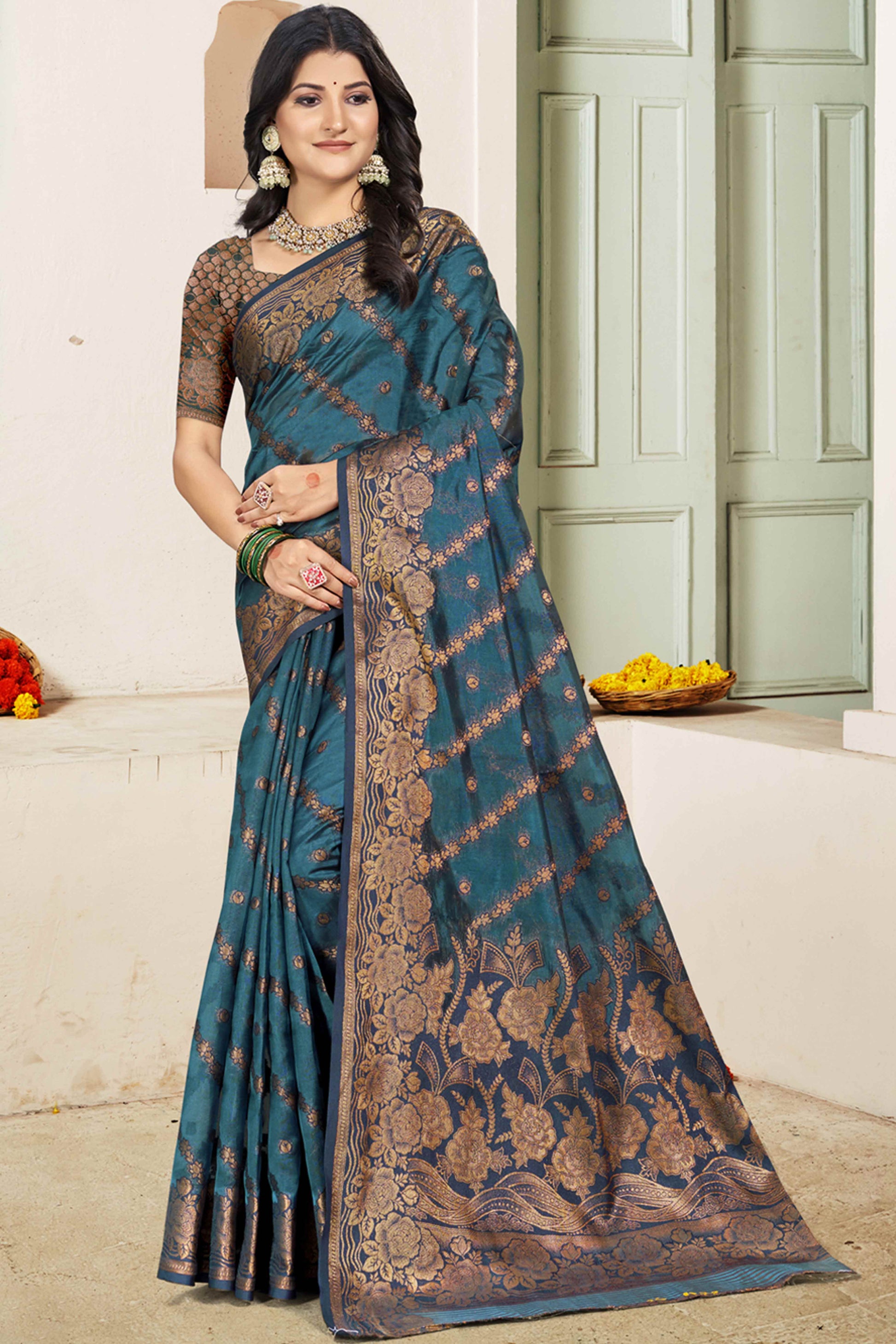 Bluyish Grey Floral Woven Cotton Silk Saree