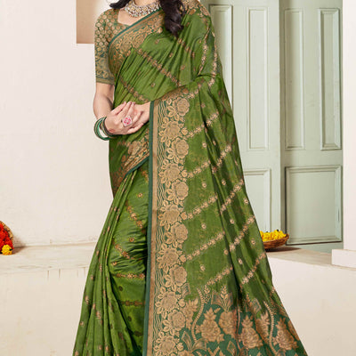 Mehendi Green Floral Woven Cotton Silk Saree