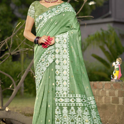 green-woven-linen-cotton-saree-with-tassels