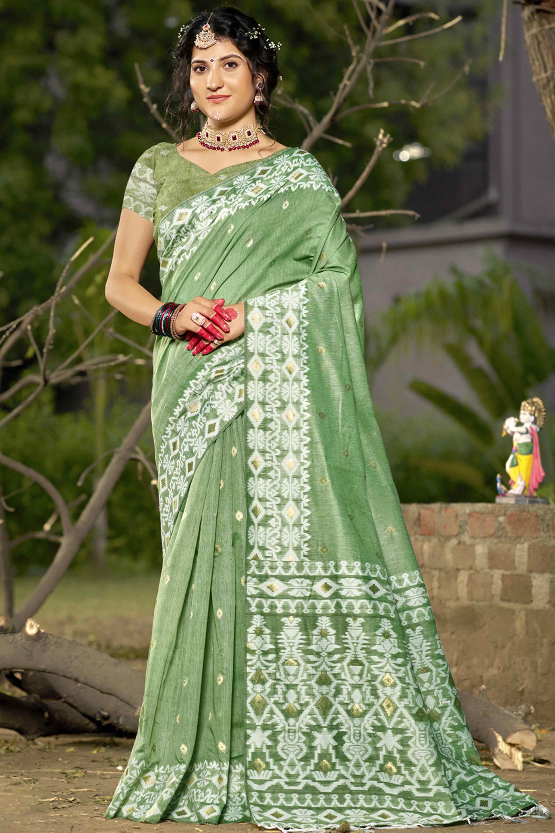 green-woven-linen-cotton-saree-with-tassels