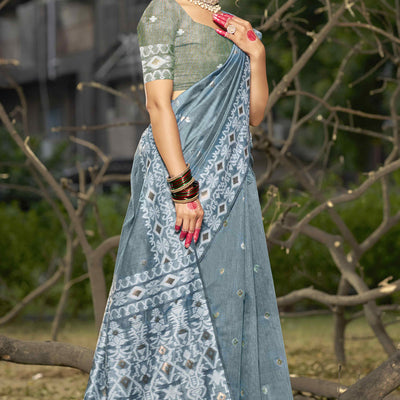 Grey Woven Linen Cotton Saree With Tassels