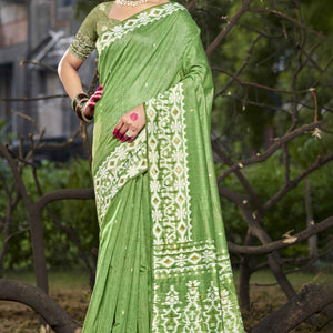 Light Green Woven Linen Cotton Saree With Tassels