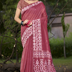 Dark Rose Pink Woven Linen Cotton Saree With Tassels