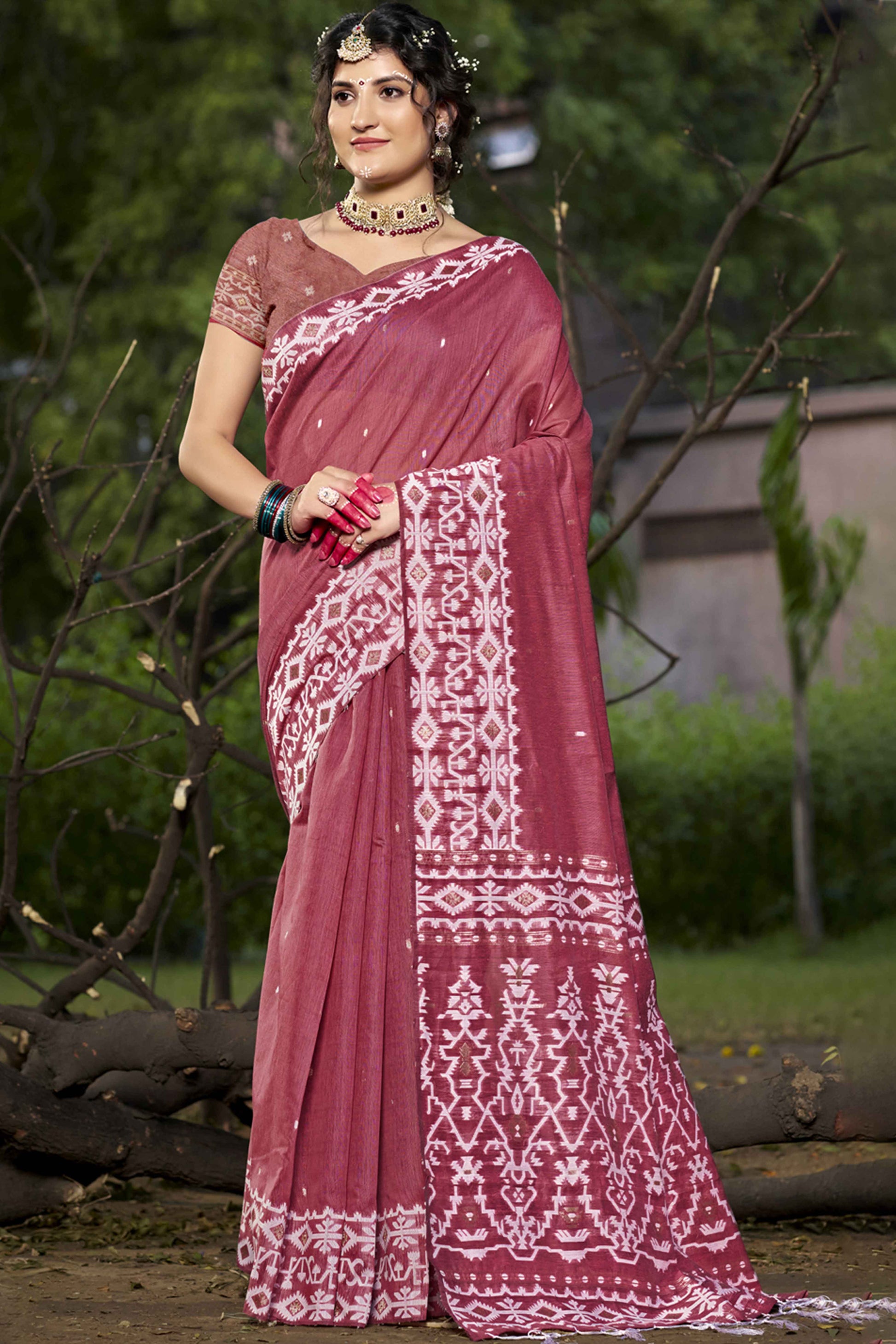 Dark Rose Pink Woven Linen Cotton Saree With Tassels