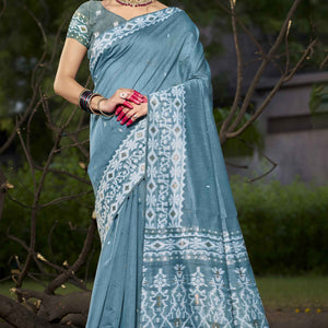 Light Blue Woven Linen Cotton Saree With Tassels