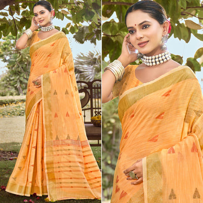 Light Orange Woven Cotton Blend Saree