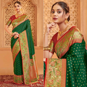 green-floral-woven-banarasi-silk-saree-with-tassels-7