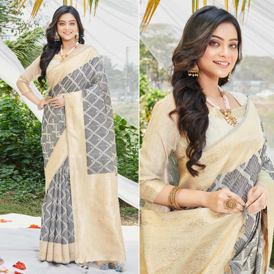 Grey Woven Cotton Silk Saree With Tassels