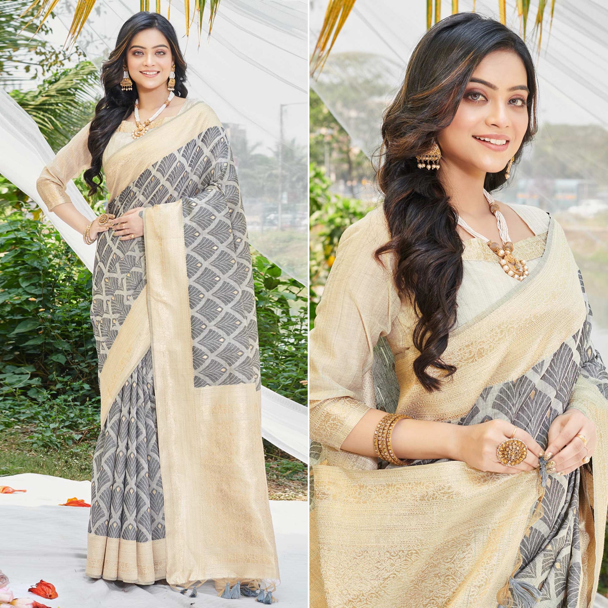 Grey Woven Cotton Silk Saree With Tassels