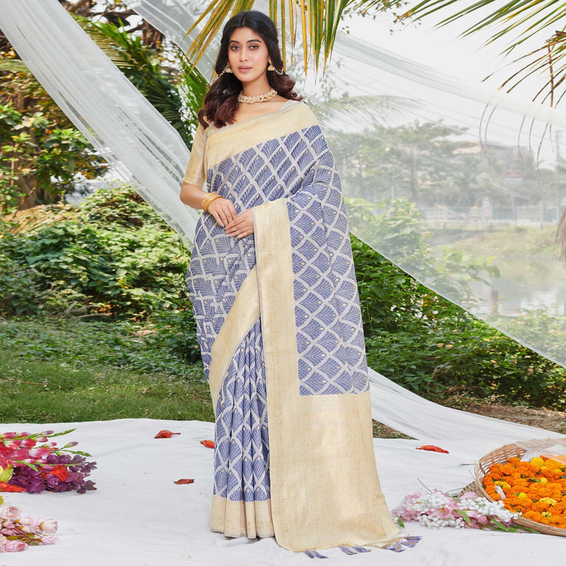 Blue Woven Cotton Silk Saree With Tassels