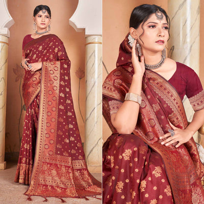 Maroon Floral Woven Banarasi Silk Saree With Tassels