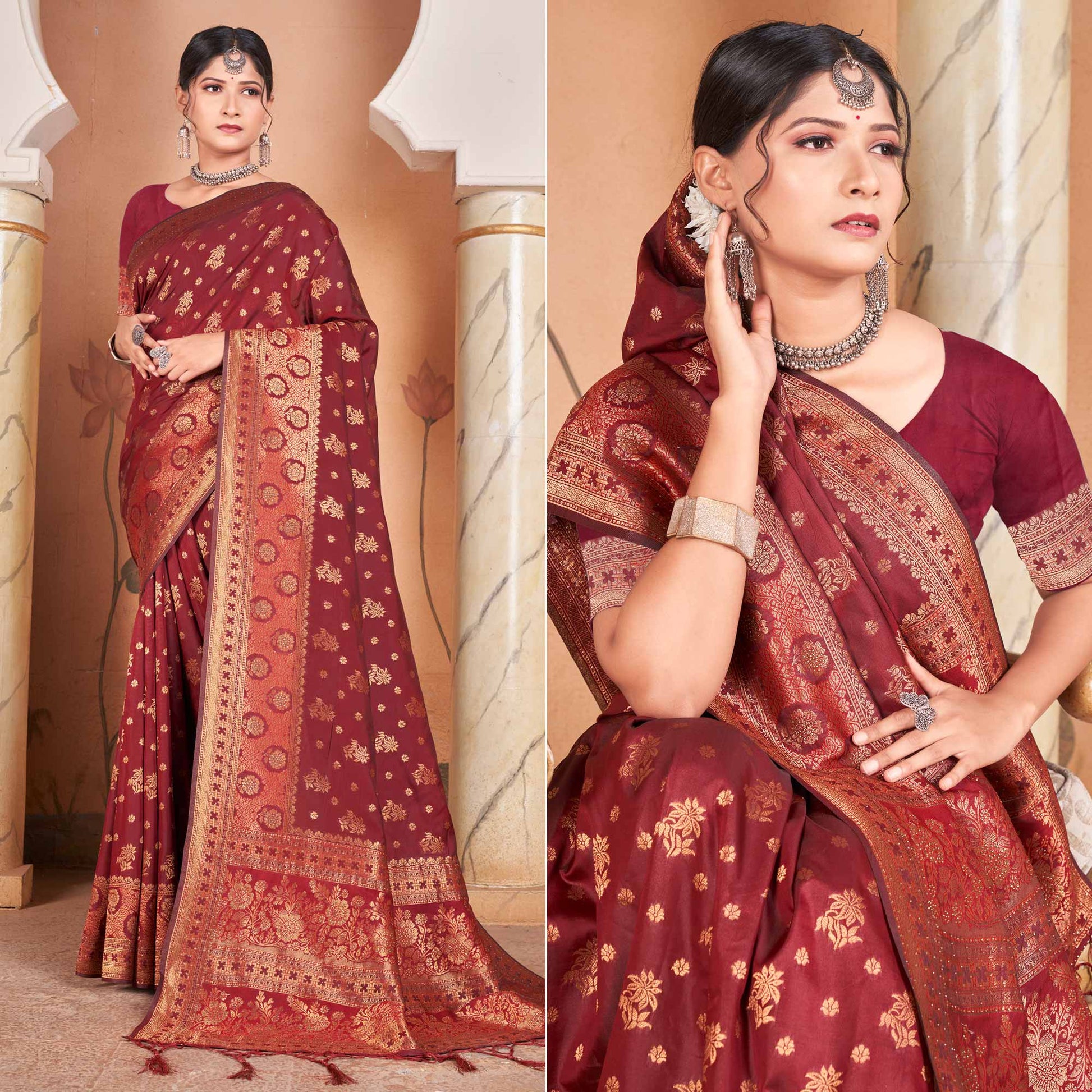 Maroon Floral Woven Banarasi Silk Saree With Tassels