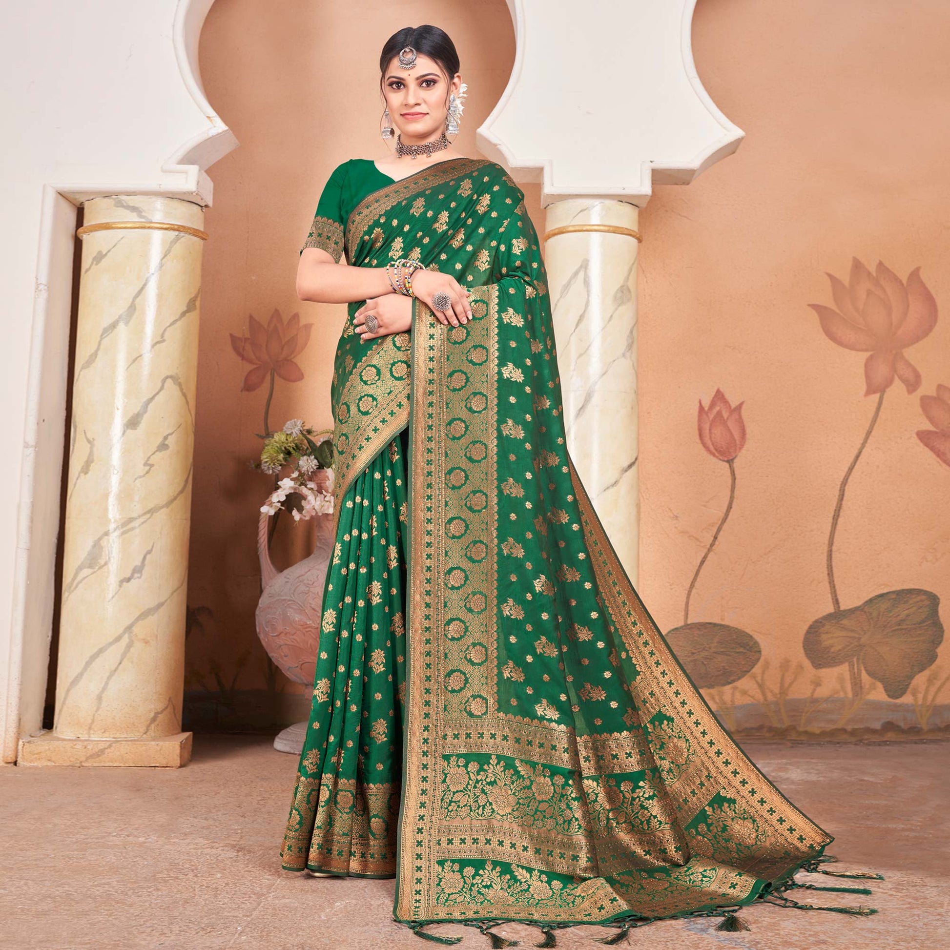 green-floral-woven-banarasi-silk-saree-with-tassels-5