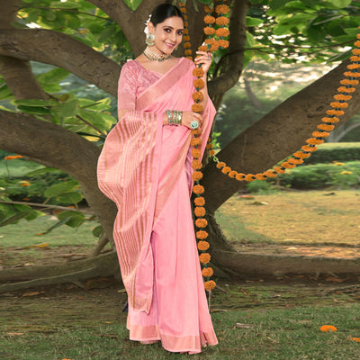 Light Pink Woven Cotton Blend Saree