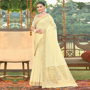 Cream Woven Cotton Blend Saree