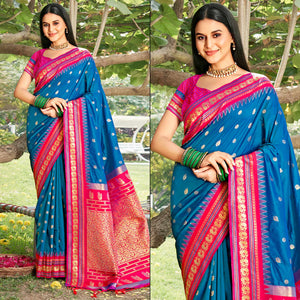 Blue Woven Paithani Banarasi Silk Saree With Tassels