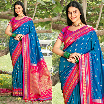 Blue Woven Paithani Banarasi Silk Saree With Tassels