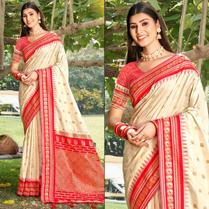 Cream Woven Paithani Banarasi Silk Saree With Tassels
