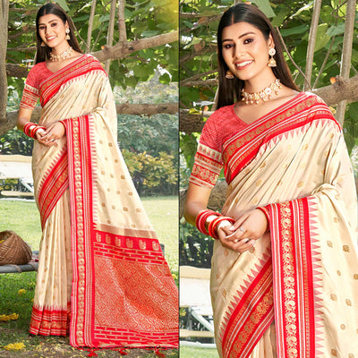 Cream Woven Paithani Banarasi Silk Saree With Tassels