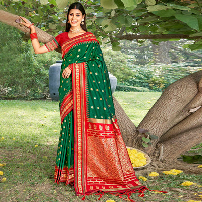 green-woven-paithani-banarasi-silk-saree-with-tassels-1
