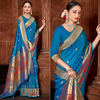 Blue Woven Paithani Banarasi Silk Saree With Tassels