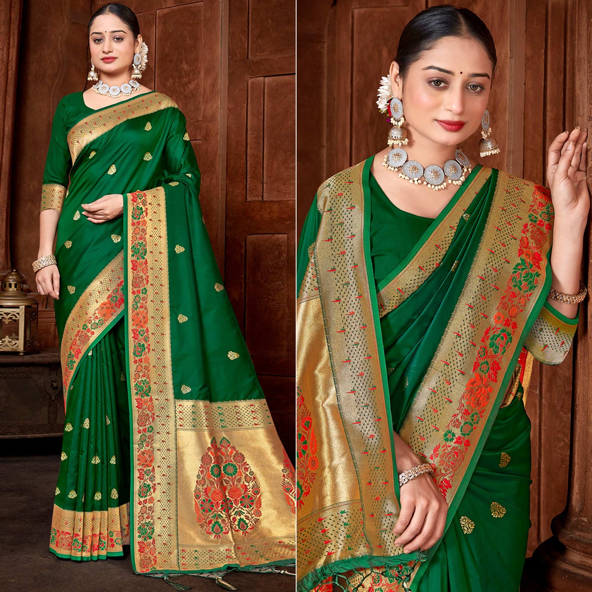 green-woven-paithani-banarasi-silk-saree-with-tassels