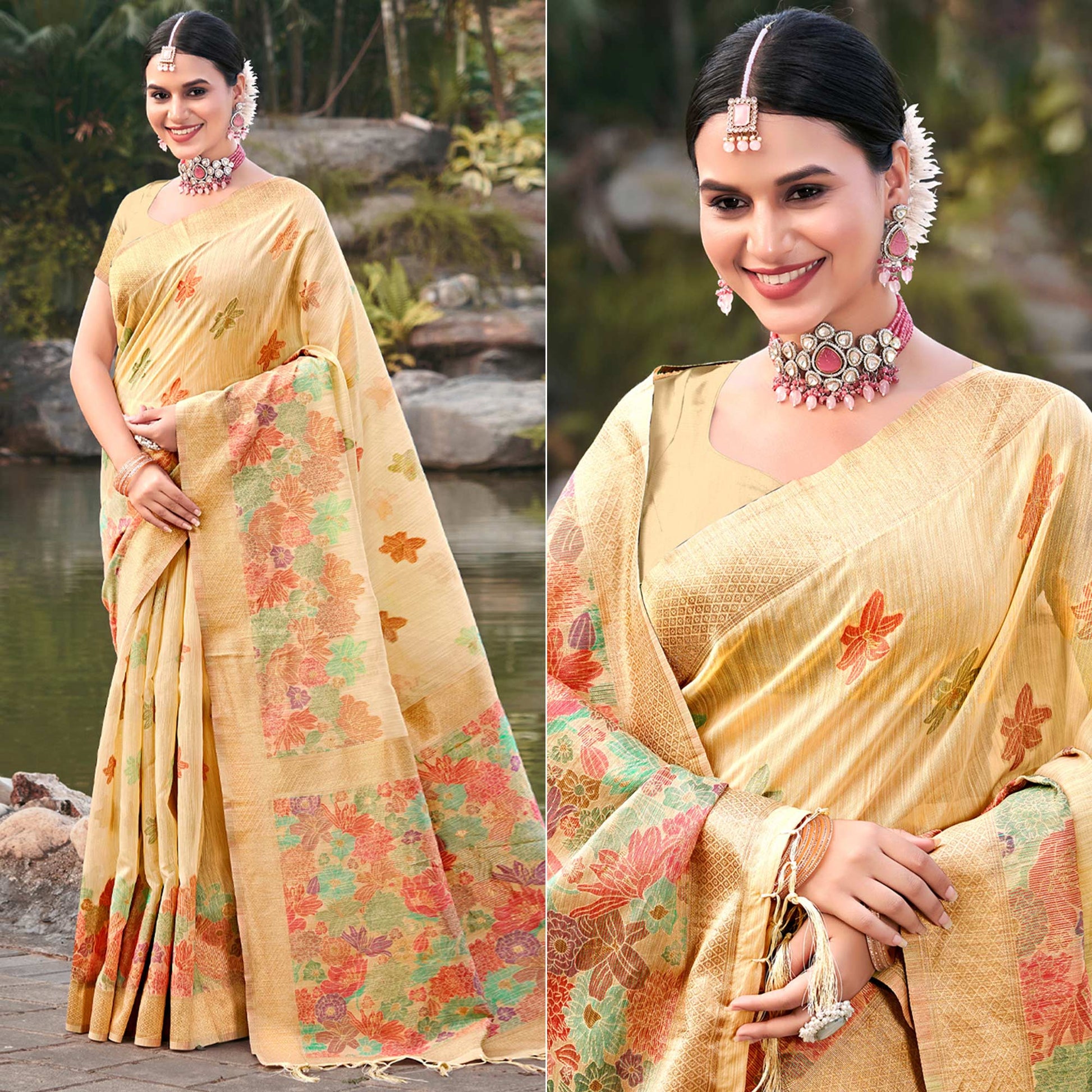 Light Beige Woven Cotton Blend Saree With Tassels