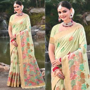 Light Green Woven Cotton Blend Saree With Tassels