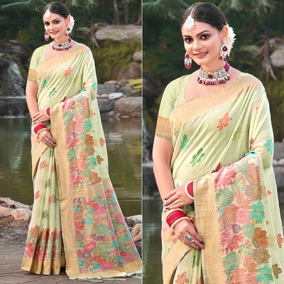 Light Green Woven Cotton Blend Saree With Tassels