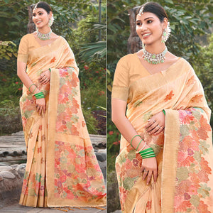 Cream Woven Cotton Blend Saree With Tassels