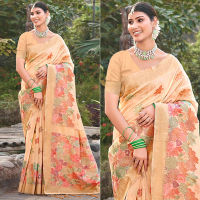 Cream Woven Cotton Blend Saree With Tassels
