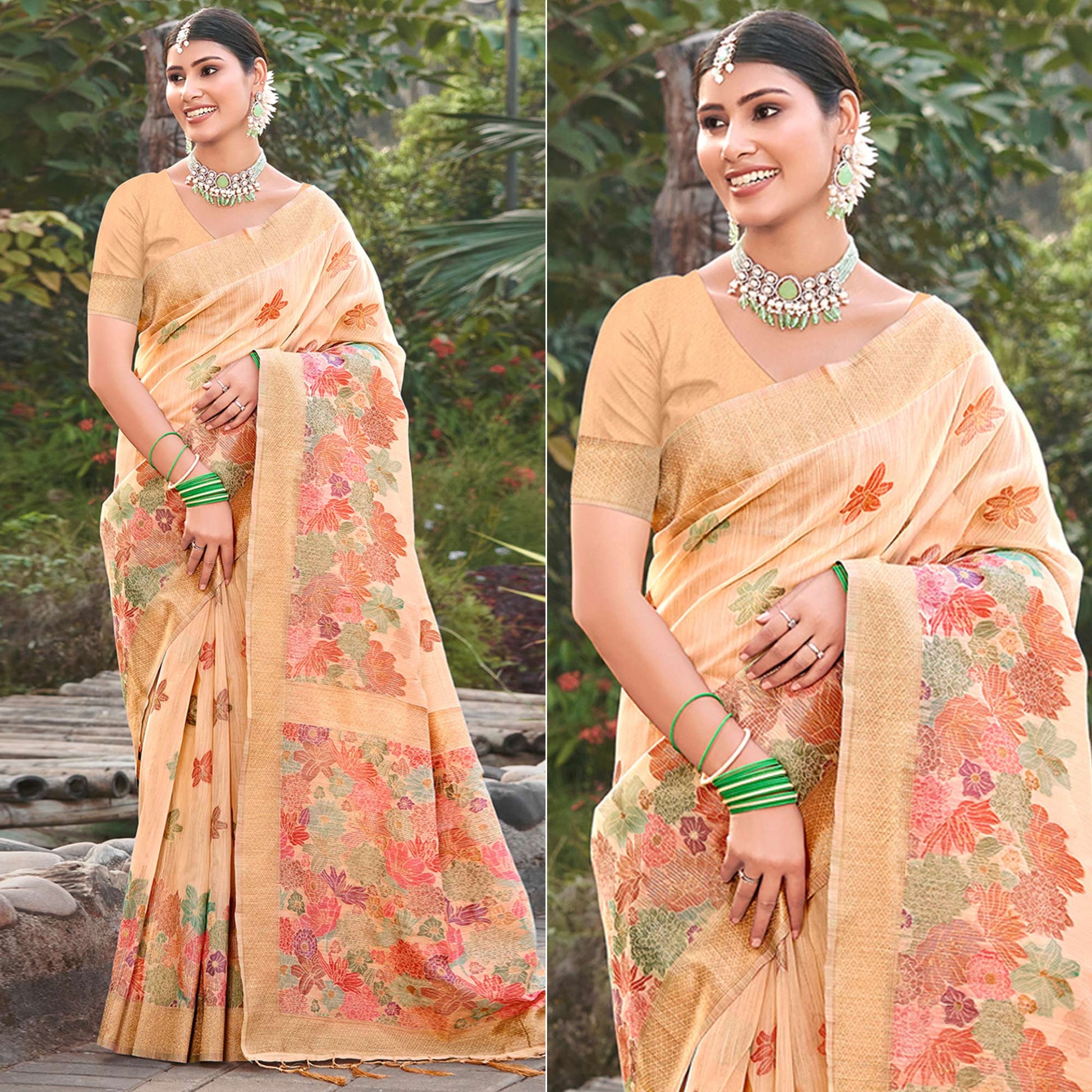 Cream Woven Cotton Blend Saree With Tassels
