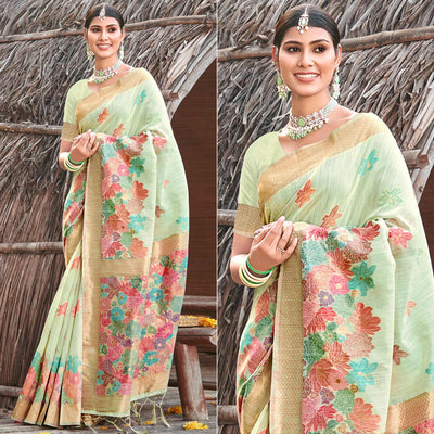 green-woven-cotton-blend-saree-with-tassels-1