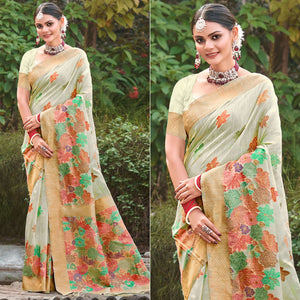 Light Green Woven Cotton Blend Saree With Tassels