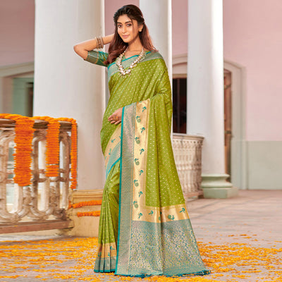 Light Green Woven Banarasi Silk Saree With Tassels