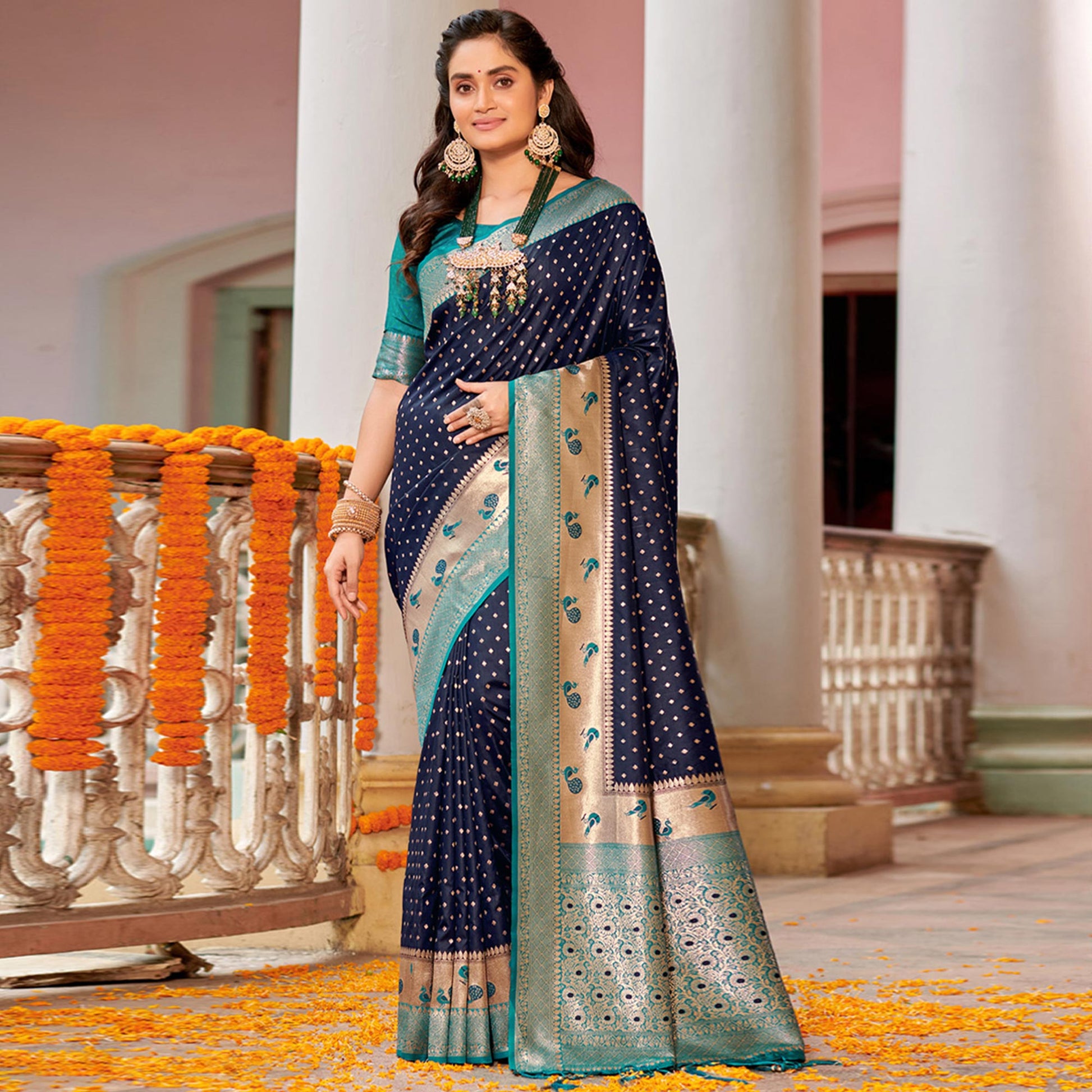 Blue Woven Banarasi Silk Saree With Tassels