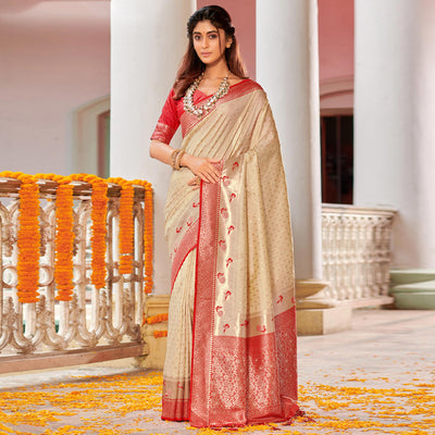 Cream Woven Banarasi Silk Saree With Tassels