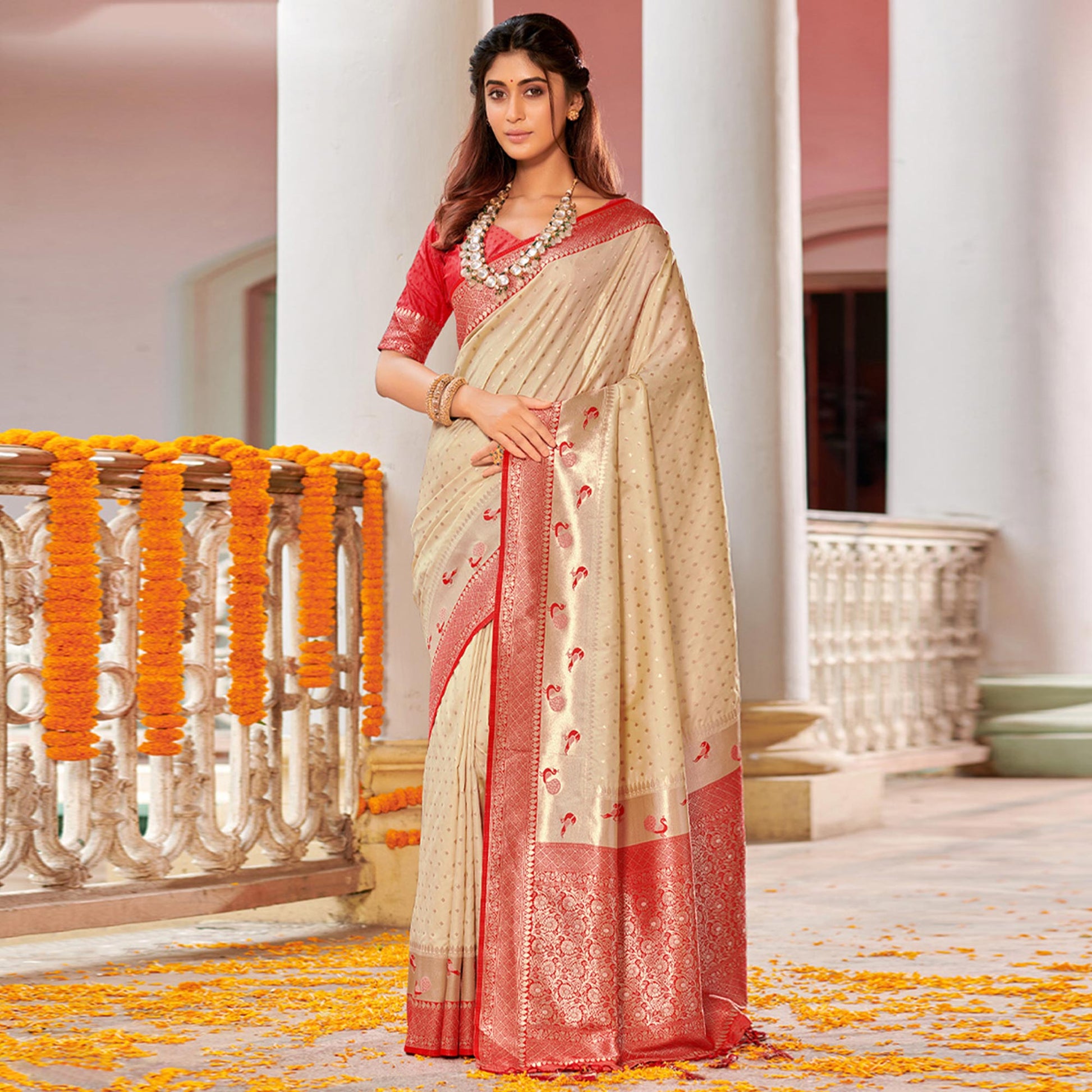 Cream Woven Banarasi Silk Saree With Tassels