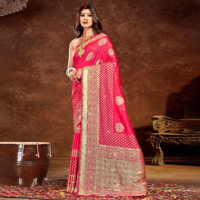 Gajari Pink Floral Woven Banarasi Silk Saree With Tassels